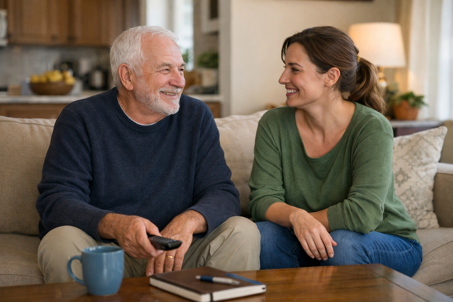 Caregiver and older man talking at home
