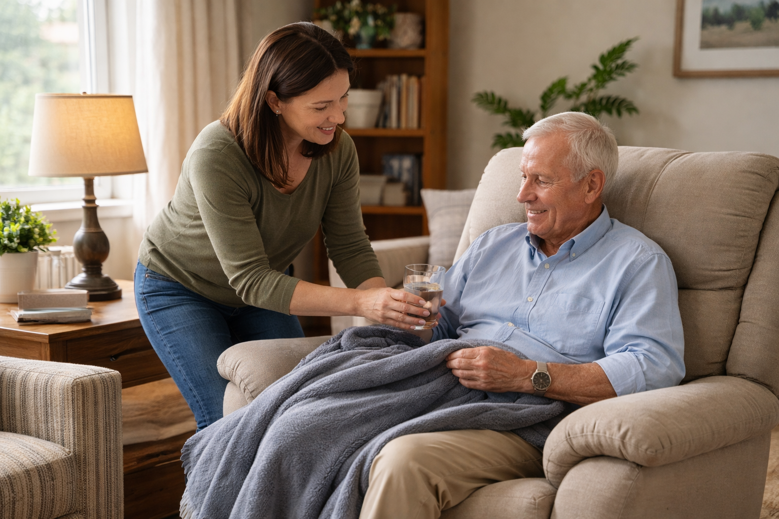 A caregiver helping an elderly man at home