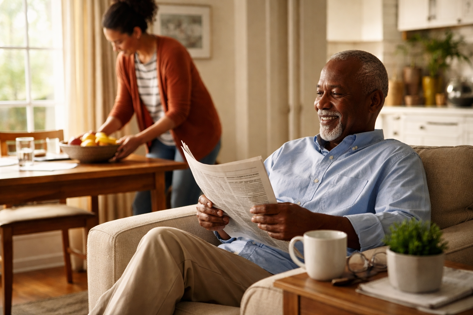 An elderly man reading while a caregiver prepares food in the background