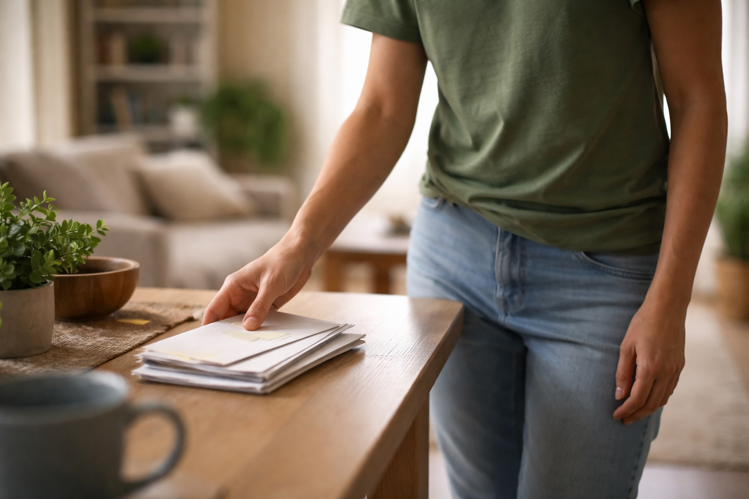 Person handling mail and paperwork at home
