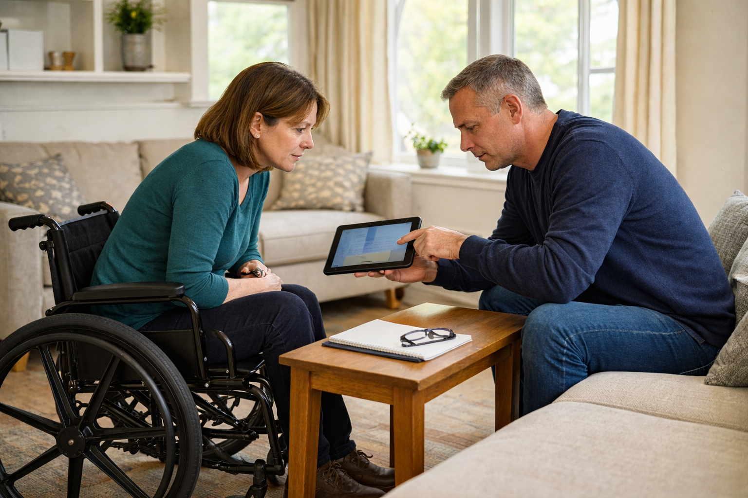 Person explaining information on a tablet to someone in a wheelchair