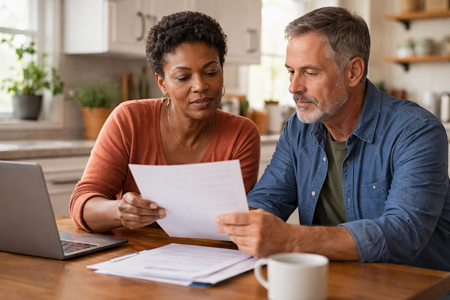 Couple reviewing paperwork together at home