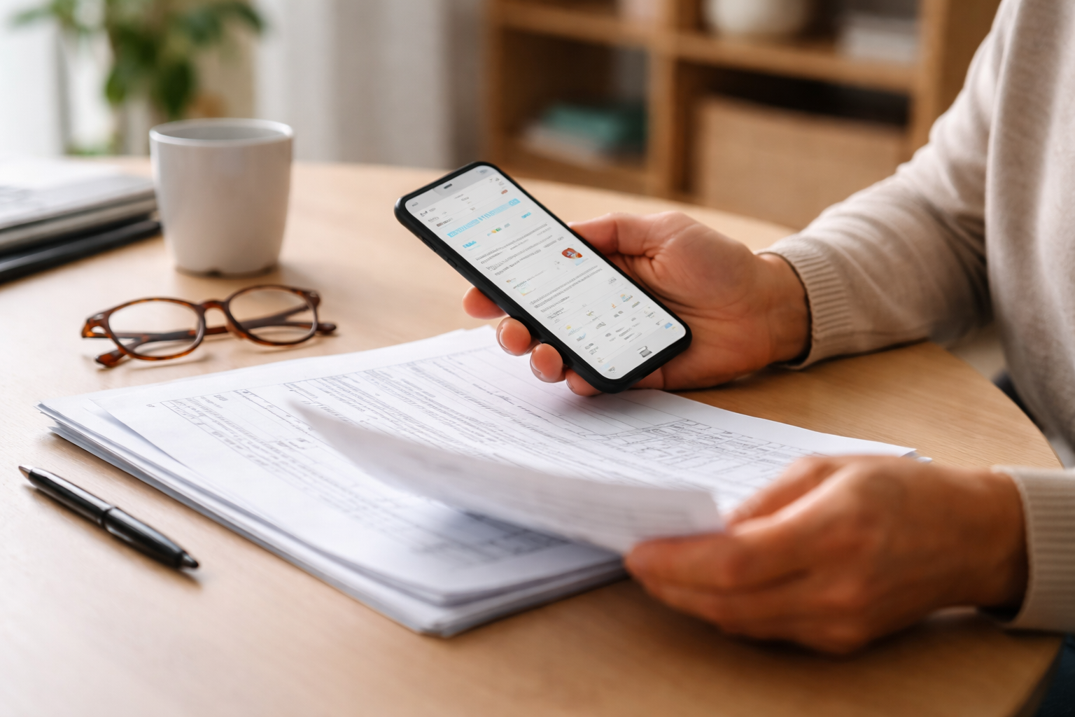 Person reviewing documents while using a phone