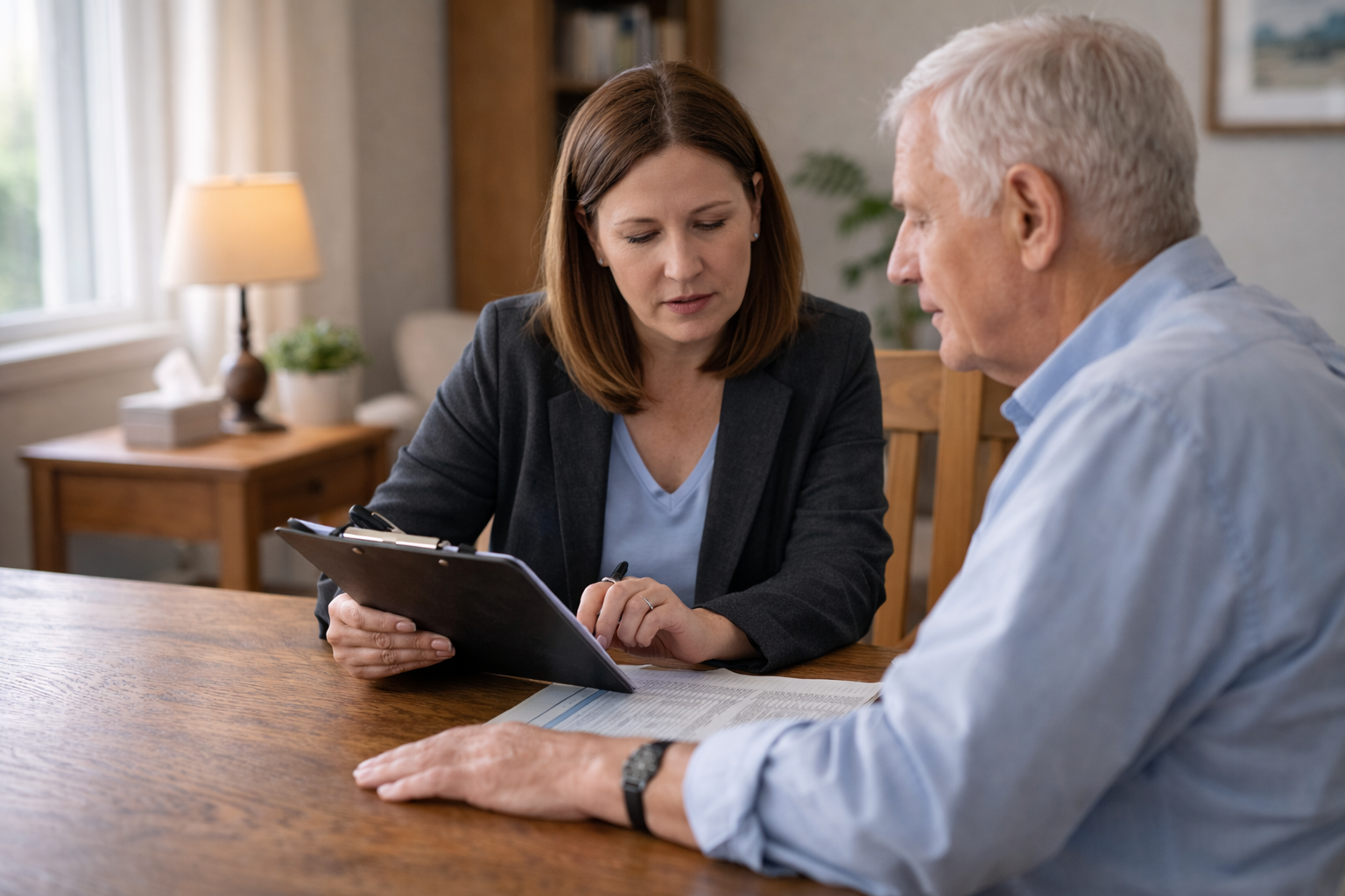 Caregiver reviewing paperwork with an older man