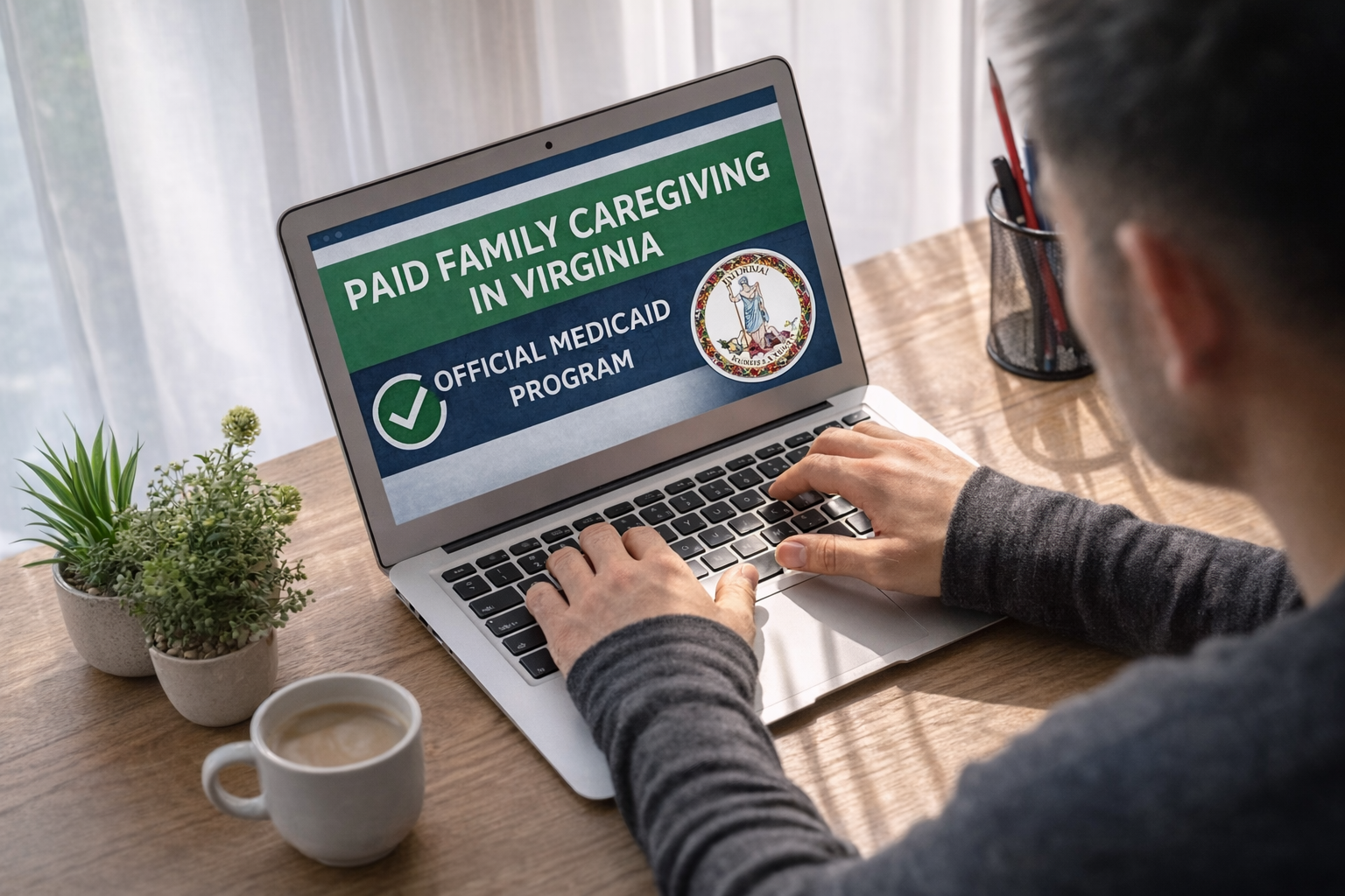 Person researching paid family caregiving in Virginia on a laptop
