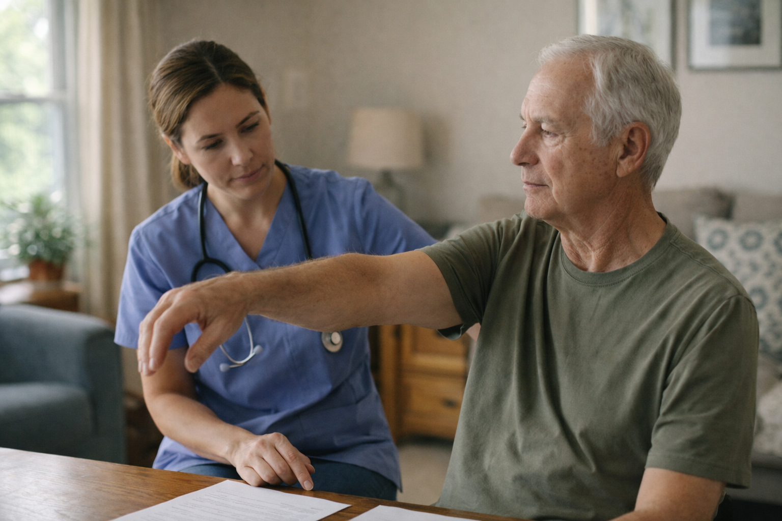 Nurse assisting an older man with arm movement