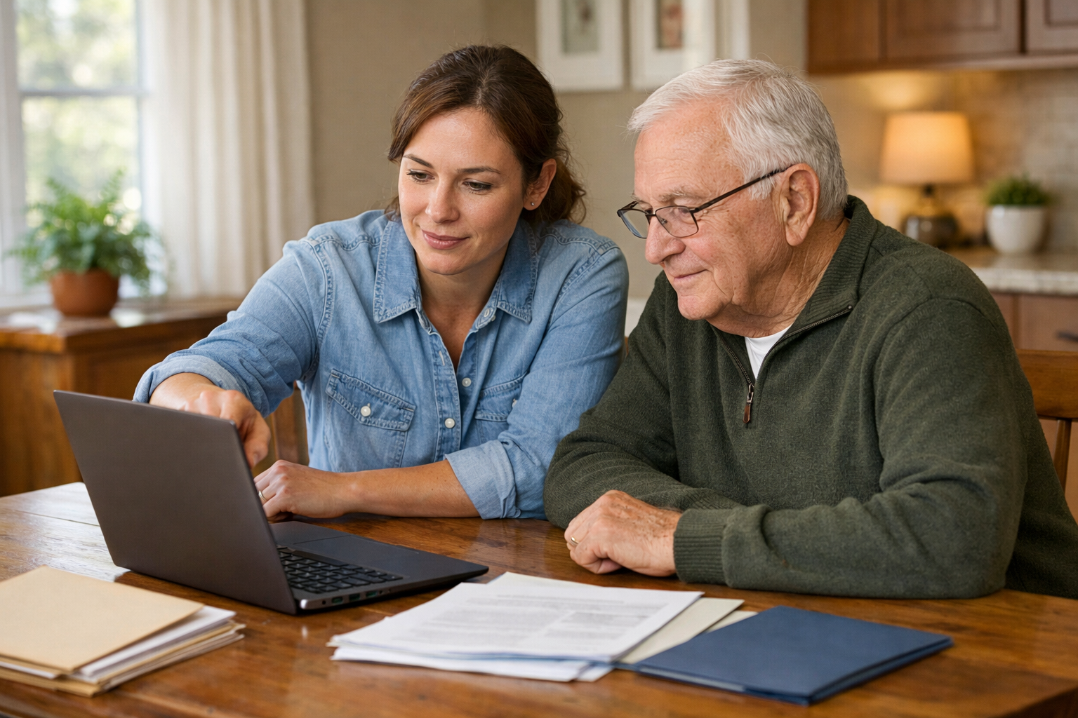 Caregiver helping an older man review documents on a laptop