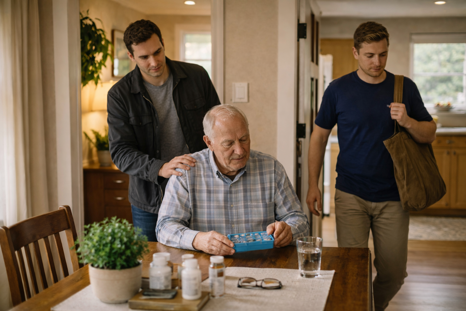 Family members assisting an older man with medication